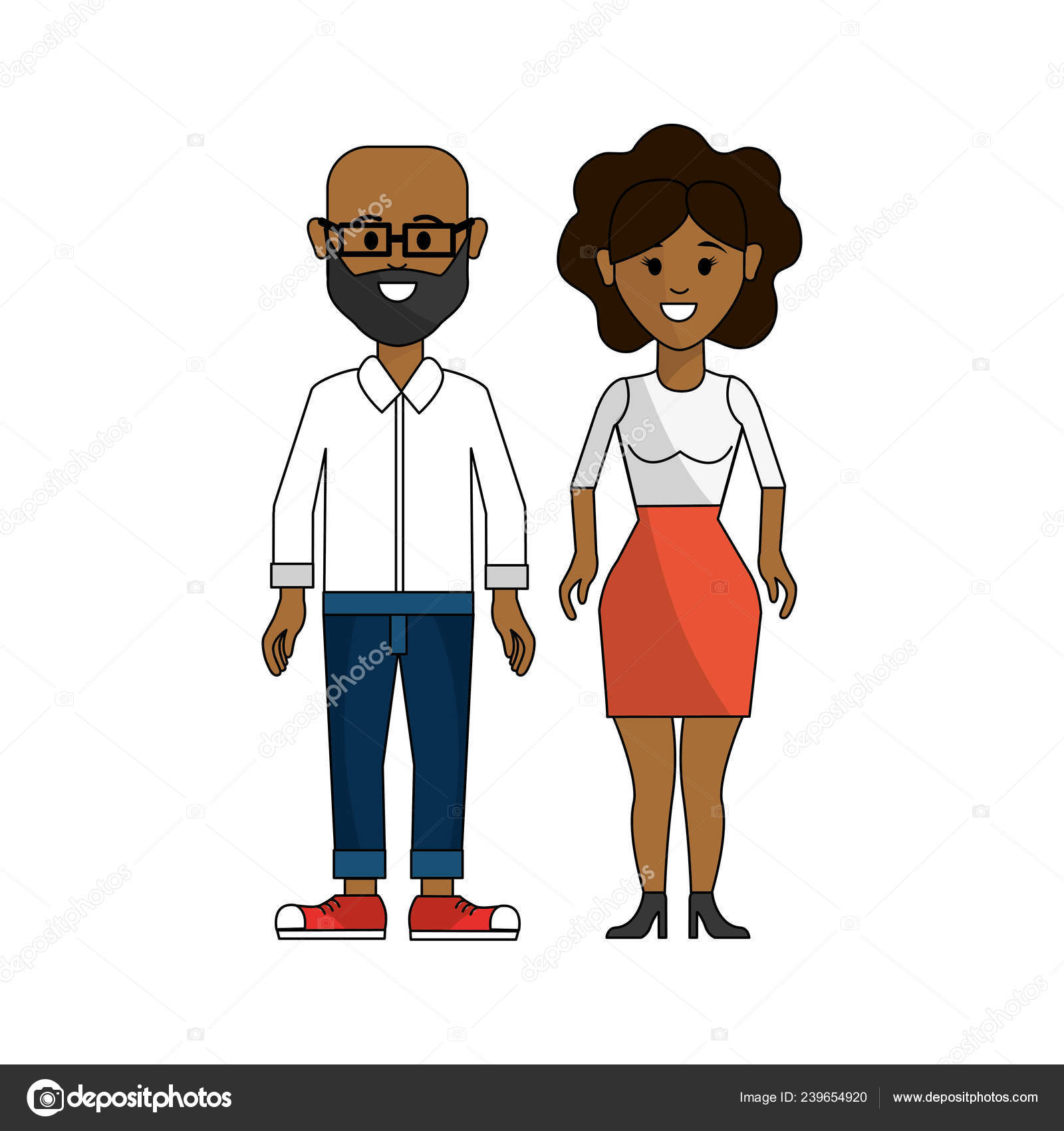 Dark Skin Couple Man Glasses Woman Short Hair Vector
