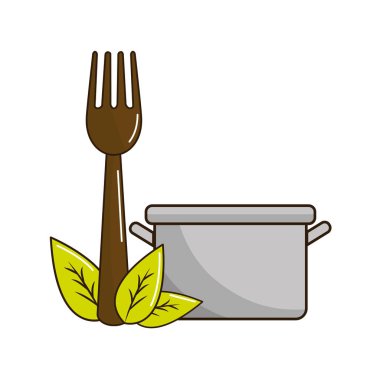 çatal aracı ve yaprakları, vektör çizim ile pot mutfak