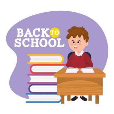 çocuk öğrenci masada kitap ve defter vektör çizim ile