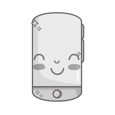 gri tonlamalı kawaii şirin mutlu smartphone teknoloji vektör çizim