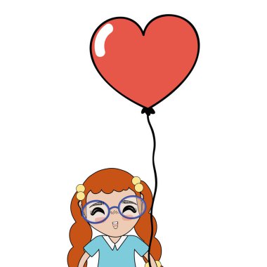 güzel kız saç modeli ve kalp balon, vektör çizim ile