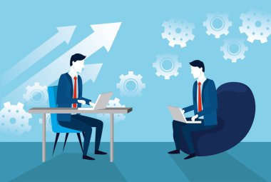 İşadamları dizüstü bilgisayar teknolojisi ve vites strateji vektör çizim ile