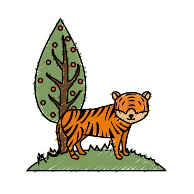 ağaç vektör çizim yanında sevimli kaplan vahşi hayvan
