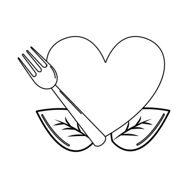 siluet kalp şerit, çatal ve yaprakları, vektör illustation tasarımı ile