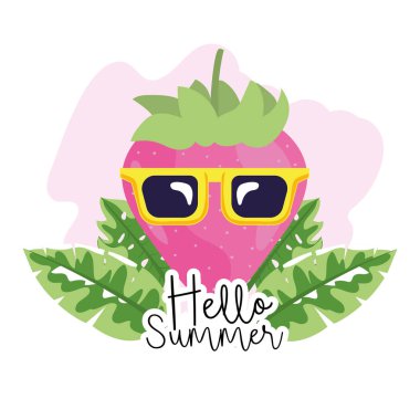 Yaz vektör çizim içinde tropikal yaprakları ile güneş gözlüğü takıyor starwberry