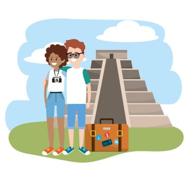 kadın ve erkek evrak çantası ile yazıtlar vektör çizim tapınakta seyahat