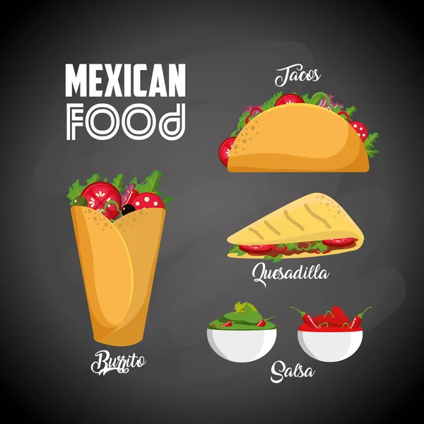 Taco Quesadilla Burrito Comida Mexicana Lanche Menu Tema Ilustração Vetorial — Vetor de Stock