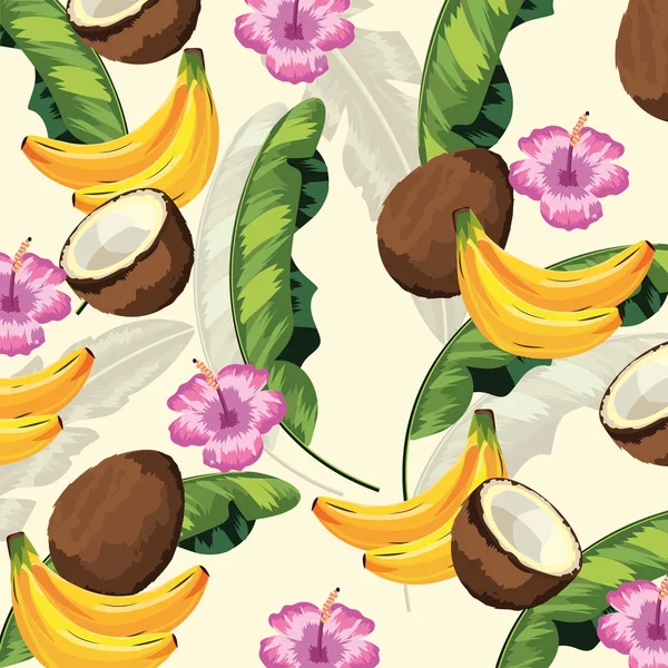Folhas Tropicais Com Flores Frutos Fundo Vetor Ilustração —  Vetores de Stock