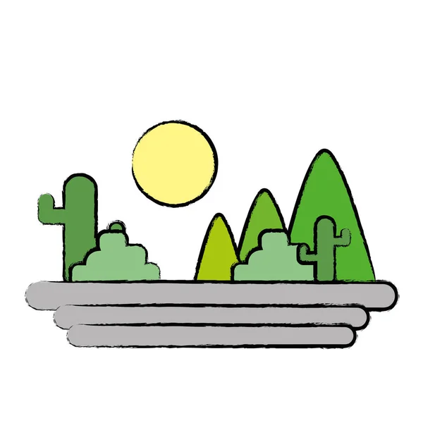 Montagnes Avec Cactus Plantes Avec Illustration Vectorielle Soleil — Image vectorielle