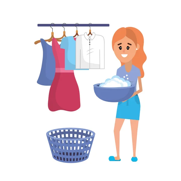 Laundry Equipment Woman Doing Domestic Job Vector Illustration — Stock Vector