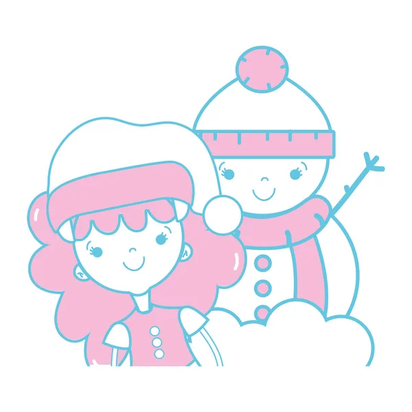 Mädchen Mit Weihnachtskleidung Und Schneemann Design Vektor Illustration — Stockvektor