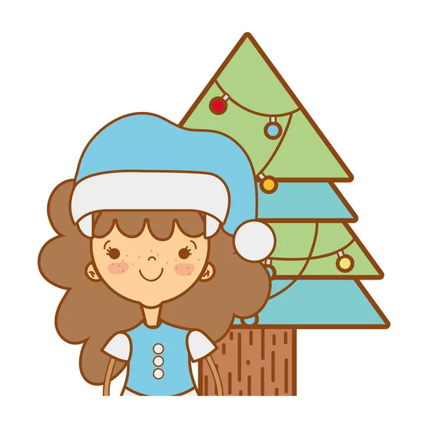 Meisje Met Kerst Kleding Pine Met Lichten Vectorillustratie — Stockvector