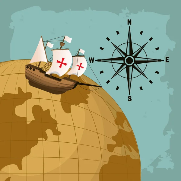 Columbus Day Ship Compass World Globe Vector Illustration Graphic Dsign — Stock Vector