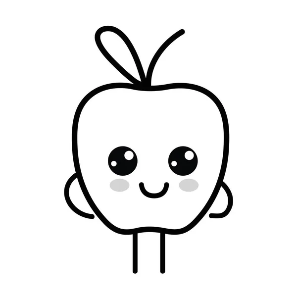 Line Kawaii Cute Happy Apple Fruit Vector Illustration — Stock Vector