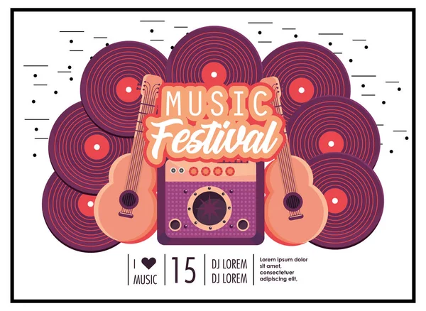 Radio Con Guitarras Acústicas Celebración Del Festival Música Vector Ilustración — Archivo Imágenes Vectoriales