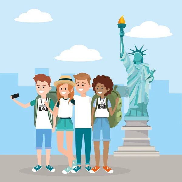 Women Men Smartphone Statue Liberty Vector Illustration — Stock Vector