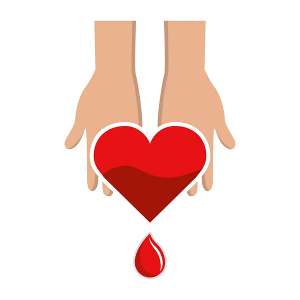 Mãos Com Queda Coração Sangue Símbolo Doação Ilustração Vetorial — Vetor de Stock
