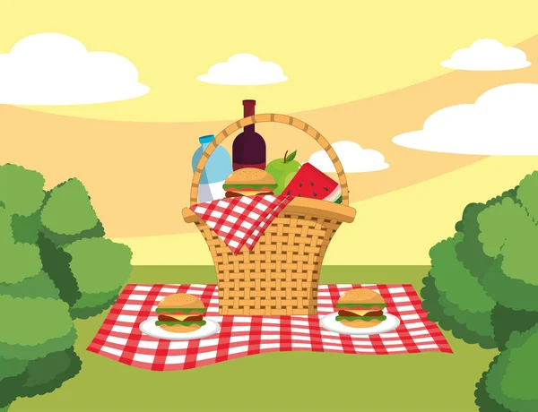 篮子与汉堡包和酒瓶在桌布 — 图库矢量图片