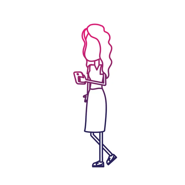 Ligne Beauté Femme Avec Coiffure Smartphone Dans Vecteur Main Illustrtaion — Image vectorielle