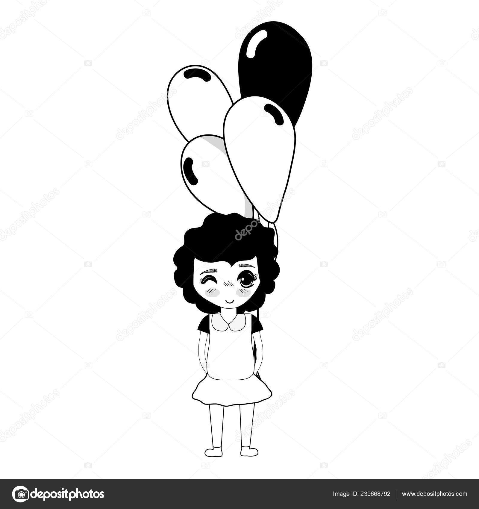 Contour Cute Girl Balloons Hand Vector Illustration Stock Vector Image
