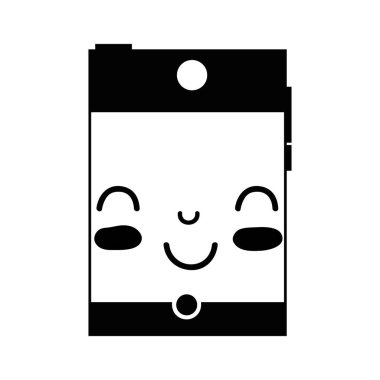 kontur gri tonlamalı kawaii şirin mutlu smartphone teknoloji vektör çizim