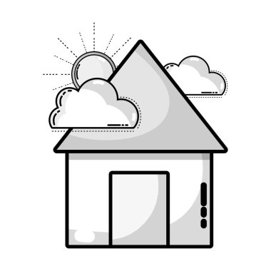 bulutlar ve güneş doğal hava vektör çizim ile gri tonlamalı ev