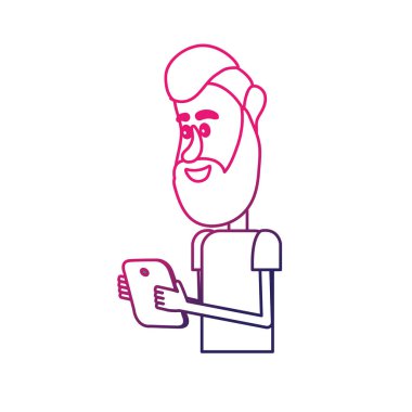 satır güzel adam saç modeli ve el vektör çizim içinde smartphone