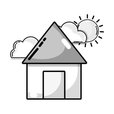 bulutlar ve güneş doğal hava vektör çizim ile gri tonlamalı ev