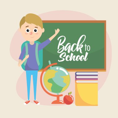 sırt çantası ve blackboard eğitim kitapları vektör çizim ile çocukla