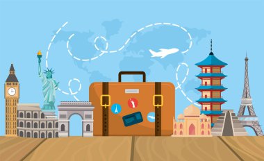 Evrak çantası eğlenceli ile seyahat hedef turist vektör çizim