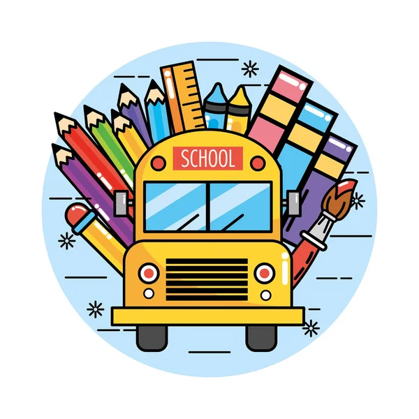 Σχολικό Λεωφορείο Μολύβια Χρώματα Και Χάρακα Εικονογράφηση Διάνυσμα — Διανυσματικό Αρχείο