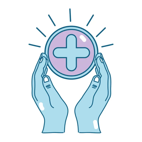 Mãos Com Símbolo Medicina Cruzada Para Ajudar Pessoas Ilustração Vetorial —  Vetores de Stock
