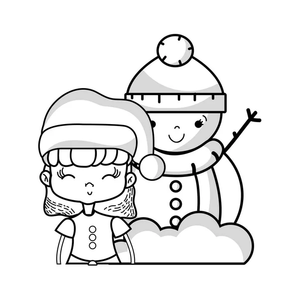Лінія Дівчина Різдвяним Одягом Дизайном Сніговика Векторні Ілюстрації — стоковий вектор