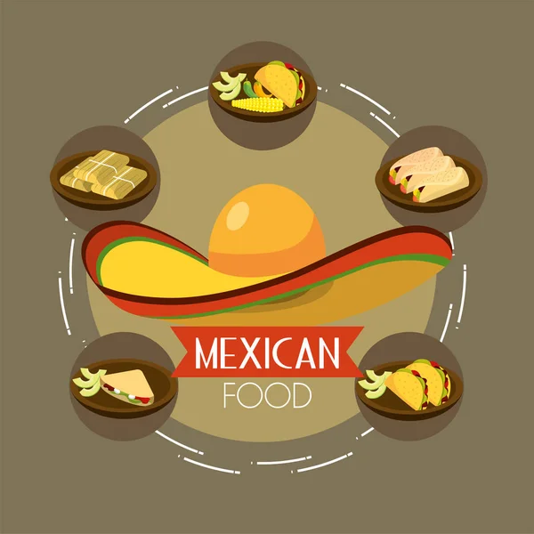 Comida Mexicana Com Tacos Picantes Ilustração Vetorial Abacate — Vetor de Stock