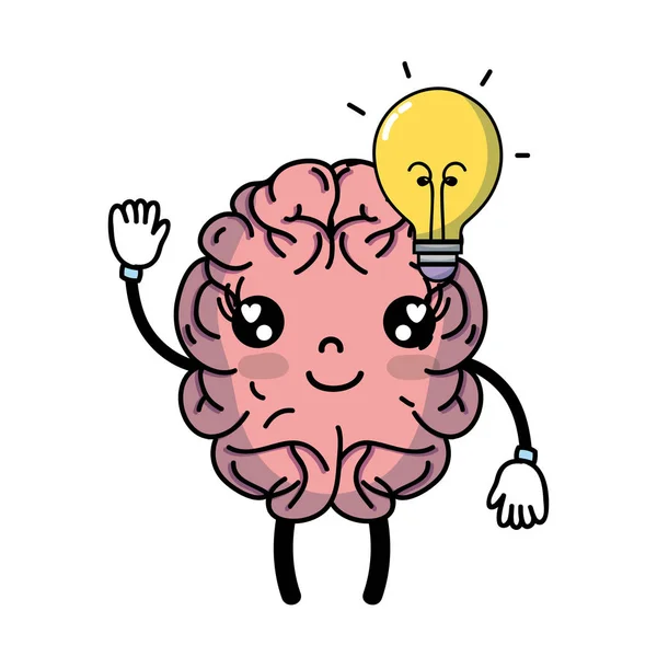 Kawaii Happy Brain Mit Bulb Idea Vektor Illustration — Stockvektor