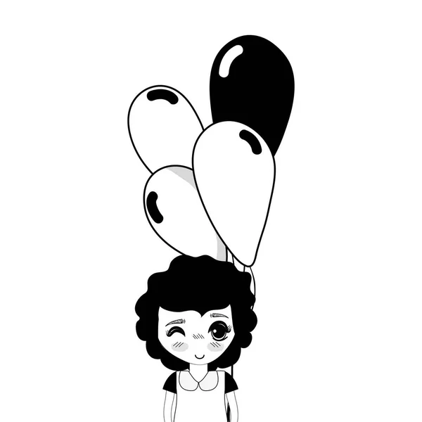 Contour Cute Girl Balloons Hand Vector Illustration — Stock Vector