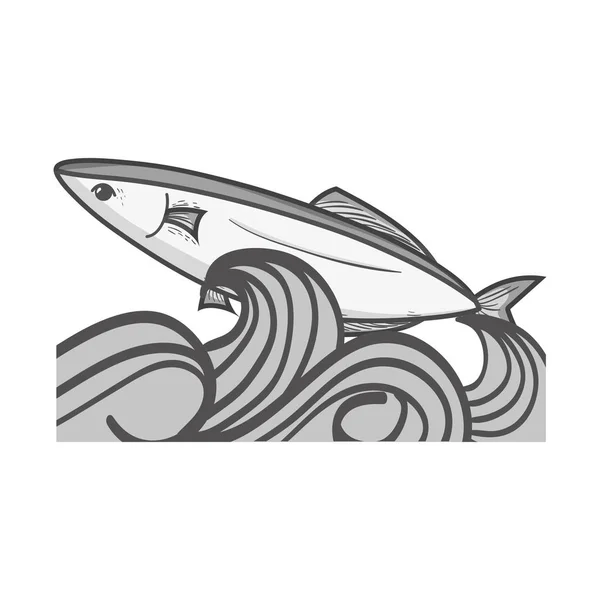 Grayscale Fish Animal Sea Waves Design Vector Illustration — Stock Vector