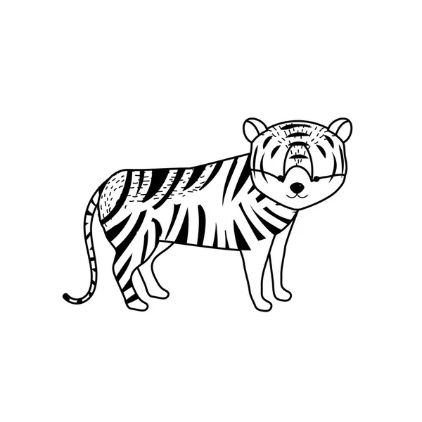 Ligne Mignon Tigre Animal Sauvage Icône Vectoriel Illustration — Image vectorielle