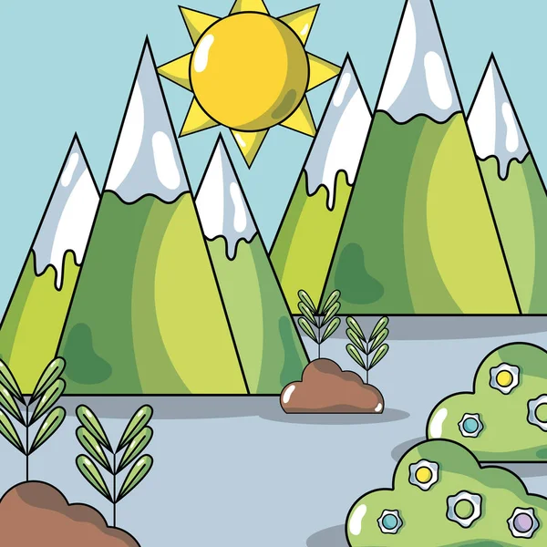 Paisagem Com Montanhas Plantas Sol Ecologia Proteção Vetor Ilustração — Vetor de Stock