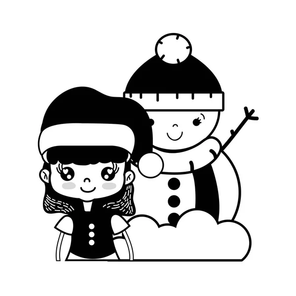 Контурна Дівчина Різдвяним Одягом Дизайном Сніговика Векторні Ілюстрації — стоковий вектор