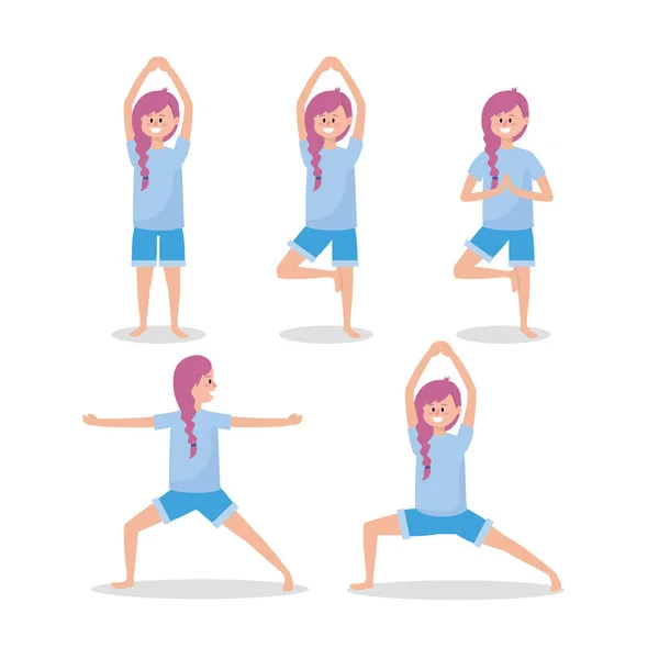 Set Woman Practice Yoga Pose Relaxation Vector Illustration — Stock Vector