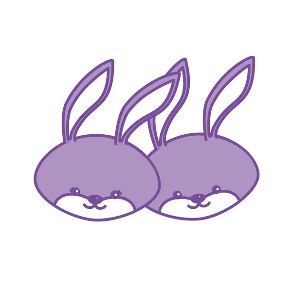 Contour Cute Rabbit Head Animal Couple Together Vector Illustration — Stock Vector