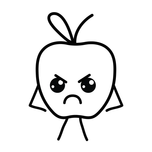 Ligne Kawaii Mignon Colère Pomme Fruit Vecteur Illustration — Image vectorielle