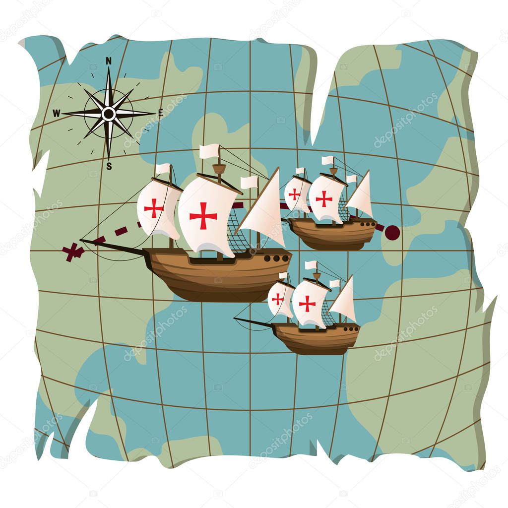 Columbus day ships on world map vector illustration graphic dsign