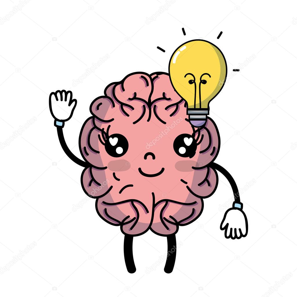 kawaii happy brain with bulb idea vector illustration