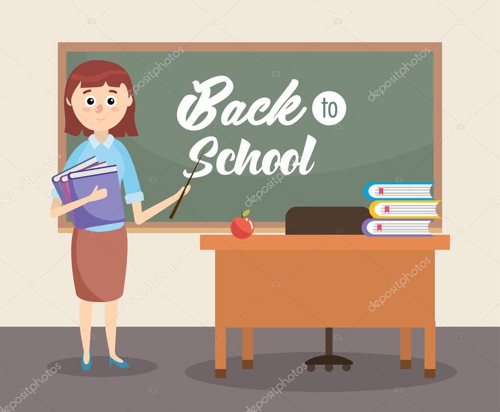 education teacher in the classroom with books and apple vector illustration
