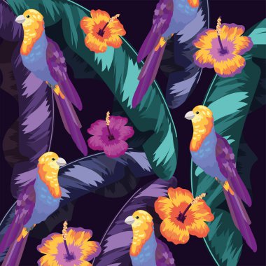kuşlar yaprakları bitki ve çiçekler arka plan vektör çizim ile