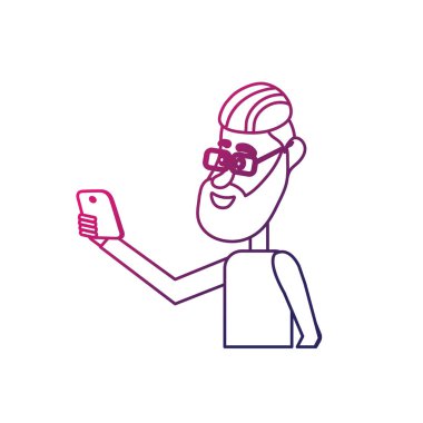 satır güzel adam saç modeli ve el vektör çizim içinde smartphone