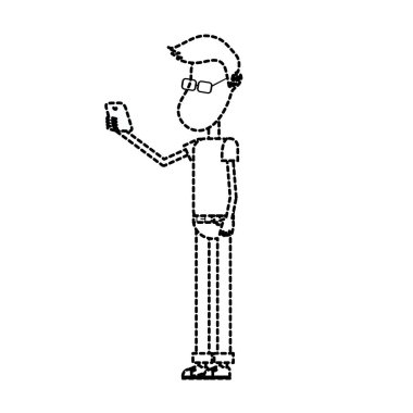 noktalı şekli güzel adam saç modeli ve el vektör çizim içinde smartphone