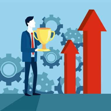 Kupası ve vites okları vektör çizim ile profesyonel iş adamı